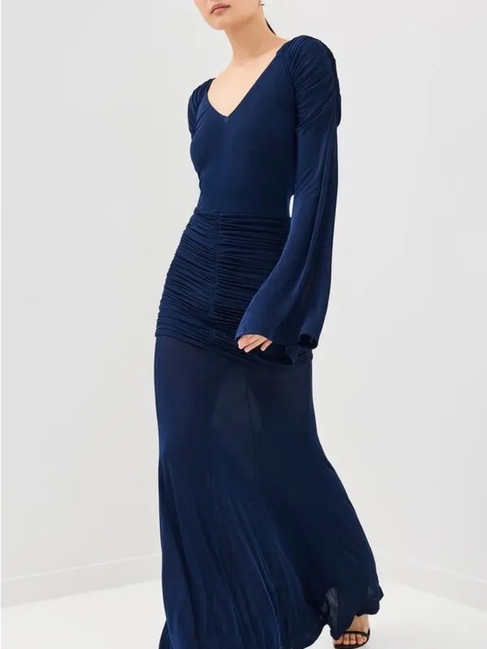 Navy Long Sleeve V-Neck Ruched Maxi Dress